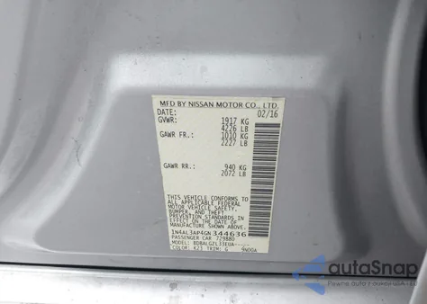 2016 Nissan Altima 2.5/2.5 S/2.5 Sl/2.5 Sr/2.5 Sv z USA, uszkodzony, nr VIN 1N4AL3AP4GN344636